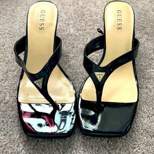 Hey! These are Guess (Amzie Kitten Sandals).